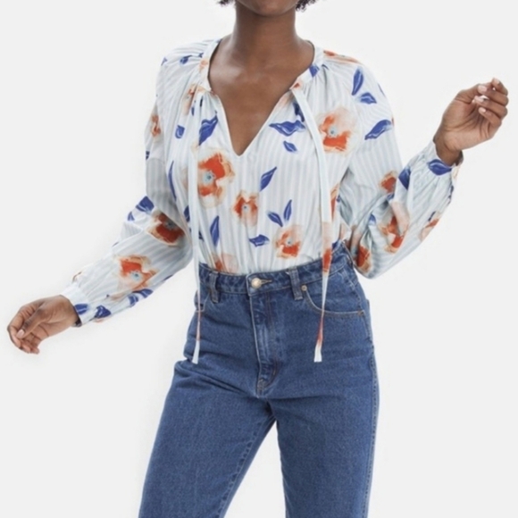 Tucker Blue V Neck Striped Floral Print Silk Tie Neck Party Blouse Top - Picture 1 of 11